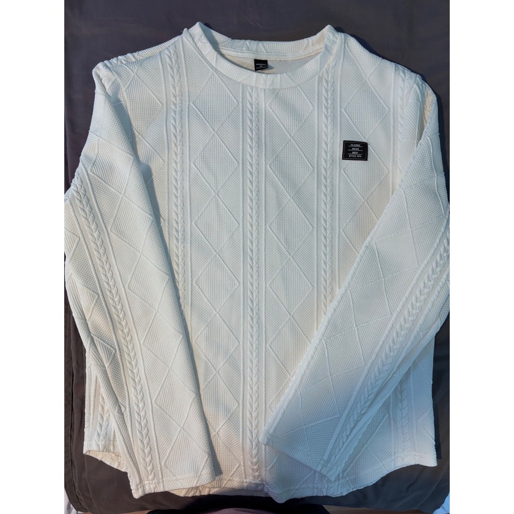 Manfinity Mens White Textured Cable Knit Diamond Pattern Long Sleeve Shirt XL